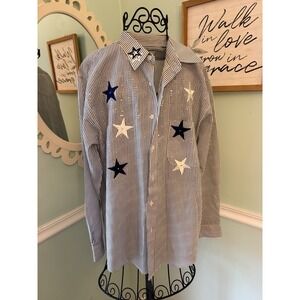 Las Olas Women's Size M Star Blue Striped  Button Down Shirt Top Casual Vtg